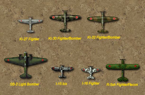 Click to view full size image
 ============== 
Aircraft at Khalkhin-Gol 1939
Here are the warbirds featured in my upcoming mod. The Soviet planes (bottom) are all based off the CC5 Winter War pics. All were resized to 10 pixels/meter and some detail was added. Thanks to kartboy6 and the WW team for their use. The Jap planes (top row) are all original. 
