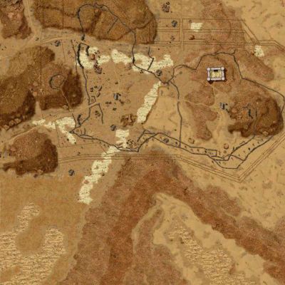 Click to view full size image
 ============== 
Bir Hacheim
Graphics are desert terrain (Bir
Hacheim, pure fiction) for long distance armour approach vs. a desert
fortification surrounded by small hills. Part of the graphics are already in
use as CC2-maps.
