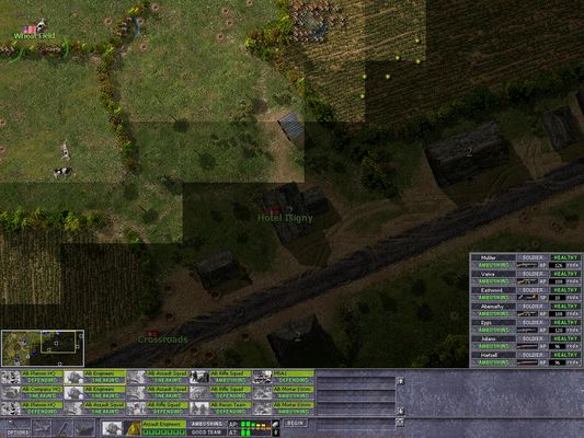 Click to view full size image
 ============== 
Isigny
My foiled assault. I took my last Stuart, and all remaining Assault and Engineer teams. My plan was to capture the row houses so next game I'd be able to pour fire from the North part of the map into the south. A lone pak40 nailed my Stuart in the opning seconds. Without support and the Germans firing from the 2 and 3 story houses I had to retreat my attack across open lanes of fire.
