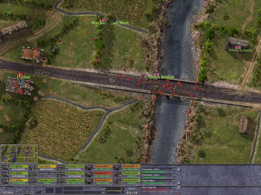Click to view full size image
 ============== 
Slippery Bridge
MOOXE vs Pzt_Mac ladder game. Game crashed at 5:16 after the german airstike hit. 4 Germans 8cm mortars, 2 schweres mg42s, 1 SS Vet Gren team and 1 Command team poured fire down on the bridge while Mac made his crossing. He managed to get some teams across and into the Maltot 3pt VL which were later killed. The Wolverine you see just south of the Maltot vl is dead. 4 infantry teams layed down fire from a 2 story house right into the turret. It was a Vice Versa game so the winner could of been either of us.
