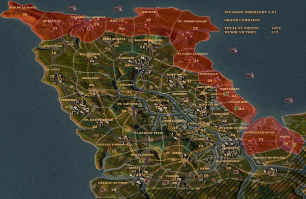 Click to view full size image
 ============== 
Normandy Strategic Map
This map is intended to be an aid to GCs using reg CC5 5.01. Red highlighted maps show the range of the naval barrages. The numbers are the point value of the map.
