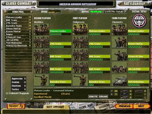 Click to view full size image
 ============== 
Close Combat Wacht Am Rhein
The forcepool is open. You may choose any combination of troops. Notice that the commanders attributes are printed on the bottom left. The unit points are also displayed.
Keywords: Wacht Am Rhein cc4 rerelease