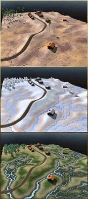 Click to view full size image
 ============== 
3-in-1
This was experimenting trying to get
better stream/creeks and changing the
terrain textures to get different climates
for a single map.

