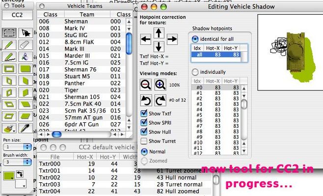 Click to view full size image
 ============== 
... 2006-07-21 ...a new tool for CC2 (?) in progress
what is still missing is a name and an icon for the tool. And I must implement vehicle graphics import/export. Shadow editing is fully implemented.
Keywords: CC2 vehicles shadows