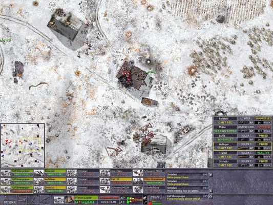 Click to view full size image
 ============== 
Disaster in Bolsche Rossochka
January 13th,1943. Until now, I had been able to hold the Rossochka defensive line. The Soviets succeeded in taking Malo Rossochka and are now rushing to Pitomnik. The 212/79, which was so successful in SDK to hold the airports has been here completly destroyed.... Bad days are coming, now.
