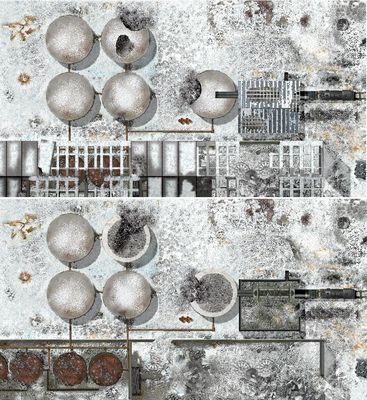 Click to view full size image
 ============== 
Traktornij Zavod
A detail of the very northern part of the famous Tractor Works factory in Stalingrad. With and without roofs.
That's in this hell that you will be welcome to fight.
