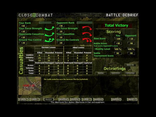 Click to view full size image
 ============== 
VICTORY!
This is the endscreen showing the totalness of the US victory over a both numerical and in firepower superiour German elite unit. 
Keywords: Endscreen