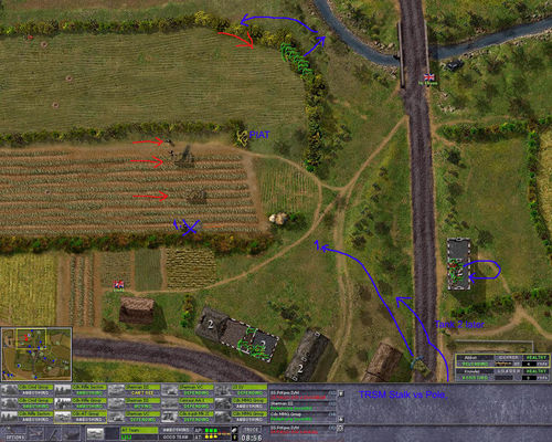 Click to view full size image
 ============== 
TRSM with Polemarchos. He (Ge) assult with 3 AFV.
Kostas entered the map, and tried the north. Ended up with 3 killed IVH and one dead HT 250. I lost? A Sherman, and a PIAT. 
Keywords: TRSM