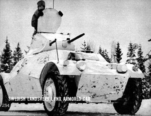 Click to view full size image
 ============== 
The Swedish Cavalry Brigades Pb Lynx
The Armoured Car m/40 (m/39) aka Lynx had some unlike features. It was more or less the same in front and back. It also had 2 driver one front and one in back, with a hull MG both in back and front. It was made for a fast retreat. Main weapon is a 20mm L/66 HMG, with a coax 8mm MG. The armour was well sloped in all angels and side, but thin. 

