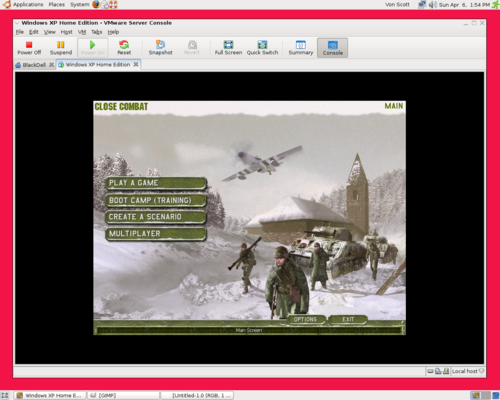 Click to view full size image
 ============== 
1. CC IV on Linux
Close Combat IV on Windows XP Home on VMWare server on a GNOME desktop on Kubuntu 7.10!
