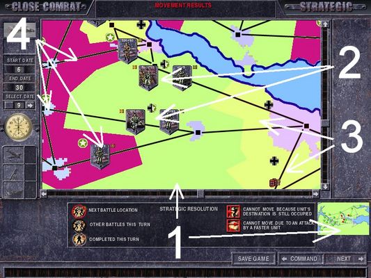 Click to view full size image
 ============== 
Strange hues on a new strat map
The background colour is light green (1), as are disputed areas (2), but where did the yellow (3) and red (4) come from?!
