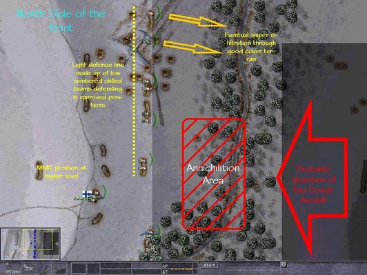 Click to view full size image
 ============== 
Strategy in the North Front Side
How to optimize light forces, taking advantage of skill and terrain.
