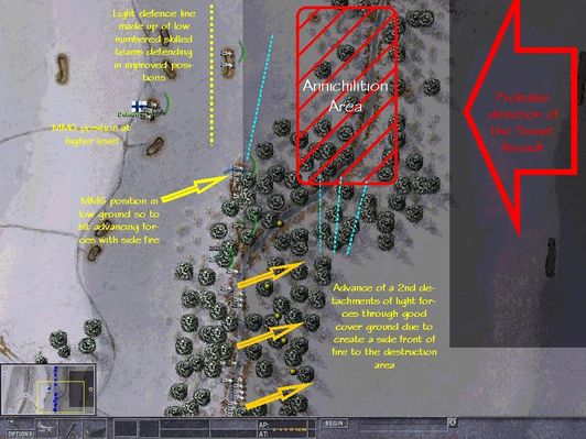 Click to view full size image
 ============== 
Strategy in the South Front Side
The chance of attemptind a 90 degree encirclements through good cover ground even with light forces might change the course of a battle, no matter of the force strenght! 
