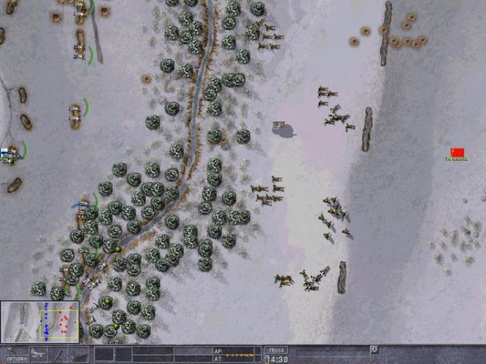 Click to view full size image
 ============== 
The fight begins!
Soviet Rifle team start moving the suspected directions and the light tank is sent forward with no infantry cover. The right wing of the Finnish line is sneaking through woods so to encapsulate the main body of the enemy advance. 
