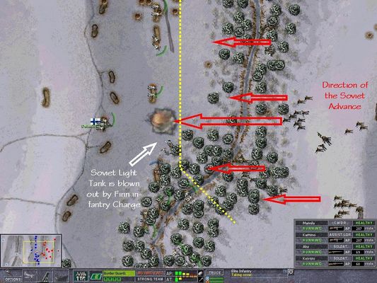 Click to view full size image
 ============== 
The Soviet lose the only armored vehicle!
A light tank left alone is an easy prey especially in cover terrain! Finn infantry men with a short charge, and toss of grenades, easily blow out the T-38!
meanwhile the right wing is heading for the angled new line so to make the Red Army akword heavy team fall in the trap. 
