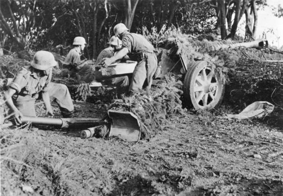 Click to view full size image
 ============== 
World War, 1939-45 at the front in Italy, the end of September 1943: An anti-tank gun of the German fascist army in position in Salerno.
