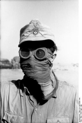 Click to view full size image
 ============== 
North Africa. - Infantryman of the Africa corps with sand eyeglasses and dust cloth.
