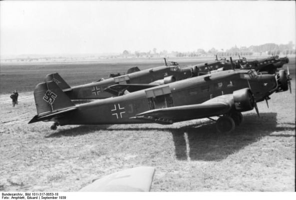 Click to view full size image
 ============== 
Poland, Reich, East Prussia.- German airfield with Junkers Ju 52 transport aircraft; PK Lw 1 Poland.

Source: German Federal Archive
