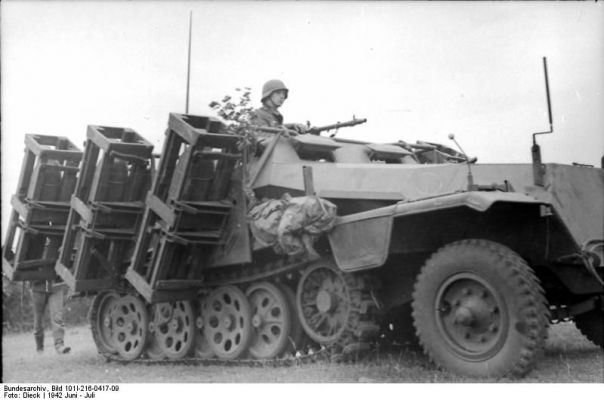 Click to view full size image
 ============== 
SdKfz. 251 halftrack vehicle, possibly of the German 24th Panzer Division, Russia, Jun 1942; note Wurfrahmen 40 multiple rocker launcher.

Source: German Federal Archive
