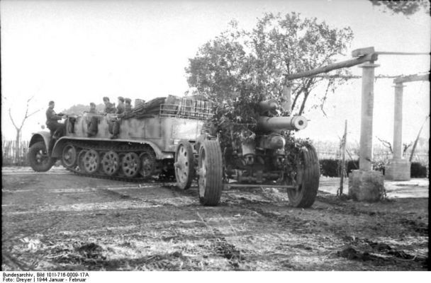 Click to view full size image
 ============== 
German SdKfz. 7 half-track vehicle towing 15 cm sFH 18 field gun, Italy, Jan 1944.

Source: German Federal Archive
