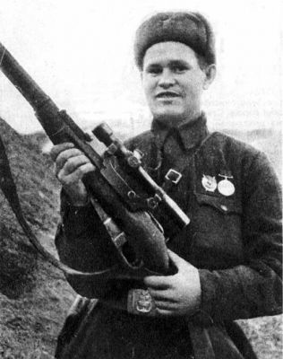 Click to view full size image
 ============== 
Russian soldier Vasily Zaytsev posing with his Mosin-Nagant sniper rifle, Stalingrad, Russia, Oct 1942.
