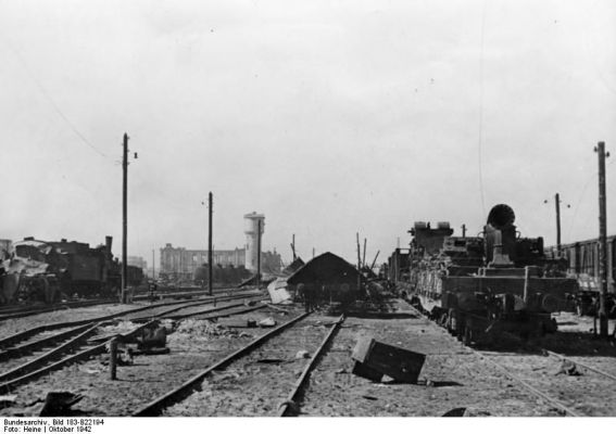 Click to view full size image
 ============== 
Battered rail station, Stalingrad, Russia, Oct 1942.

Source: German Federal Archive
