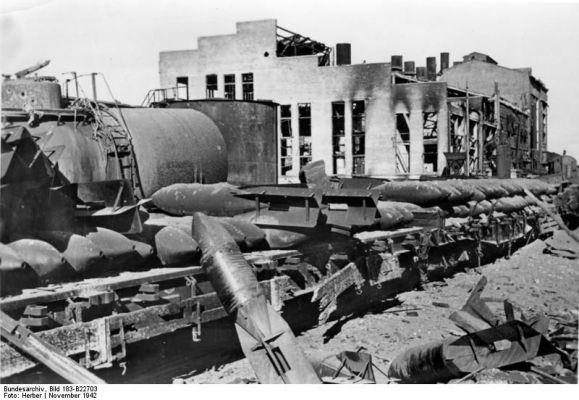 Click to view full size image
 ============== 
View of a Russian munitions factory recently taken by German troops, Stalingrad, Russia, 16 Nov 1942.

Source: German Federal Archive
