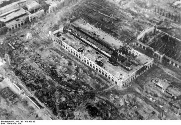 Click to view full size image
 ============== 
Aerial photo of a destroyed industrial plant in Stalingrad.

Source: German Federal Archive

